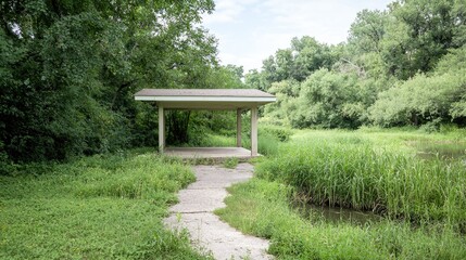 Park pavilion, quiet woodland setting, summer day, nature escape