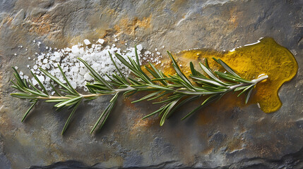 A vibrant culinary spread of coarse sea salt and rosemary sprigs on slate, accented with a hint of olive oil drizzled nearby.