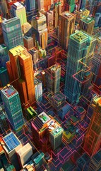 Fototapeta premium Colorful isometric cityscape with interconnected buildings, ideal for tech or urban design projects