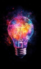 Colorful lightbulb with vibrant nebula inside on dark background, ideal for creative concepts