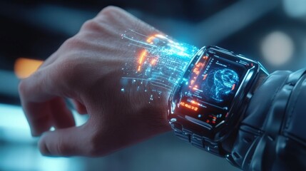An AI assistant hologram projecting from a sleek futuristic smartwatch, assisting a user in their daily tasks