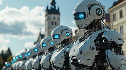 Fototapeta premium Futuristic androids against tallinns medieval and modern skyline