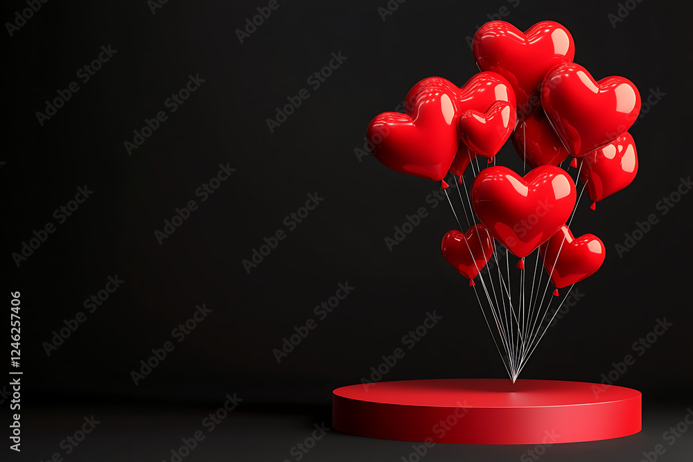 Poster a cluster of shiny red heart-shaped balloons on a circular platform against a black background.