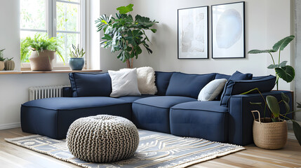 Two knitted poufs near dark blue corner sofa. Scandinavian home interior design of modern living room