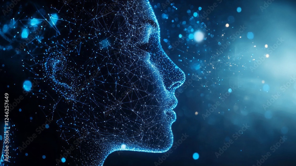Poster A captivating portrayal of a woman's profile rendered in a dazzling array of blue lights and connected dots, evoking a sense of digital transformation and cosmic wonder