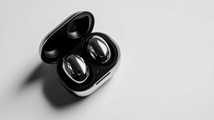 Silver case holds two smooth, dark earbuds.