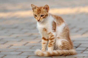 Cute ginger kitten sitting on a paved pathway in soft sunlight in  Rabat, Morocco