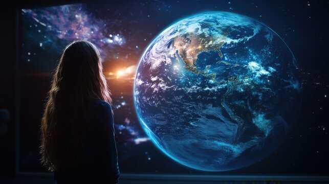 An AI system visualizing climate data on a massive holographic globe, with scientists collaborating to predict environmental changes - Powered by Adobe