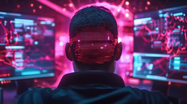 An AI-powered logistics center with workers analyzing real-time package tracking data on digital dashboards, surrounded by glowing holographic displays