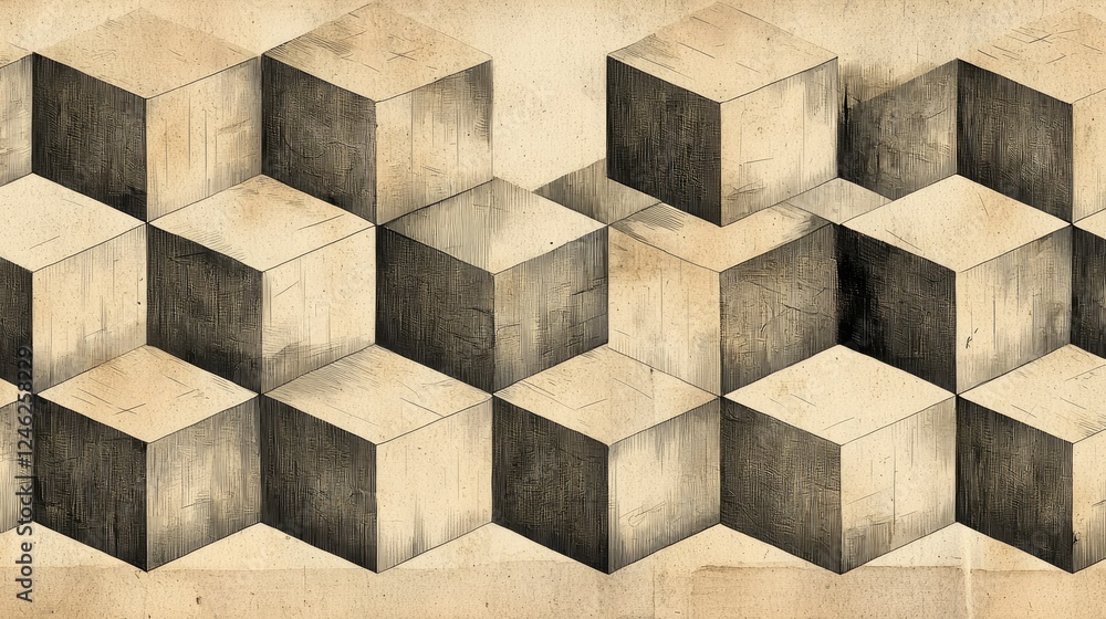 Aufkleber abstract beige and black cube pattern design