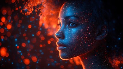 Futuristic Composite Portrait Blending Human Features with Holographic Light Panels and Data Streams