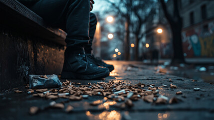 Young Person Rolling Cigarette on Urban Bench in Dim Light