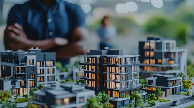 Architectural property models of houses and apartments displayed with precision blurred person in the background symbolizing the planning and development process for residential real estate projects