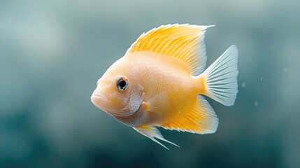 Yellow fish swims in aquarium, blurred background, pet store