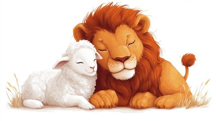 lion and lamb isolated on a white background digitally drawn illustration