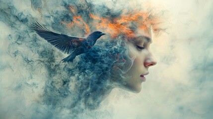 Fototapeta premium Ethereal Fusion A Bird Inspired Composite Portrait Blending Nature and Humanity