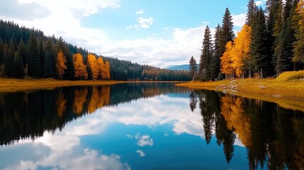 Fototapeta premium Serene lake surrounded by autumn trees with reflection in water