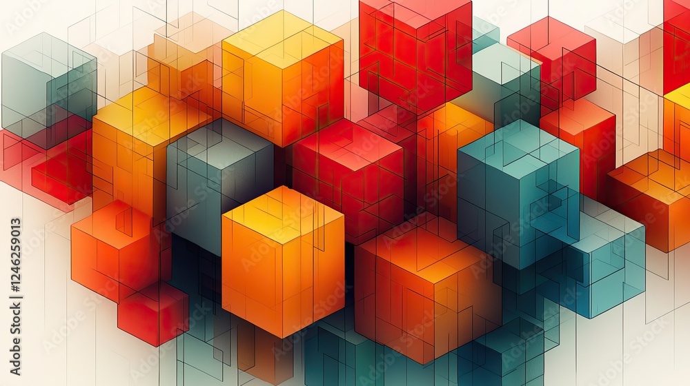 Poster abstract composition of interlocking colorful cubes