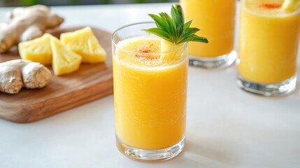 Wellness dining healthy detox concept. Anti-inflammatory pineapple and ginger juice with a touch of cayenne pepper