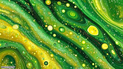 Abstract Liquid Art, Chartreuse, Green, Gold, Swirling, Flowing Design, Digital Illustration