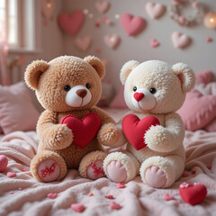 A charming Valentine's Day concept featuring teddy bears accompanied by hearts, ideal for illustrating gift ideas and romantic themes.