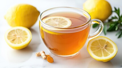 Wellness dining healthy detox concept. Detoxifying warm lemon water with cayenne and turmeric in a glass cup