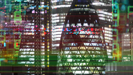 london skyline with computer code and data