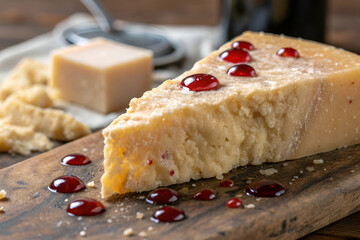 Organic Wine & Cheese, A wedge of cheese topped with red sauce sits on a wooden board, surrounded by cheese crumbs and a small block of cheese.