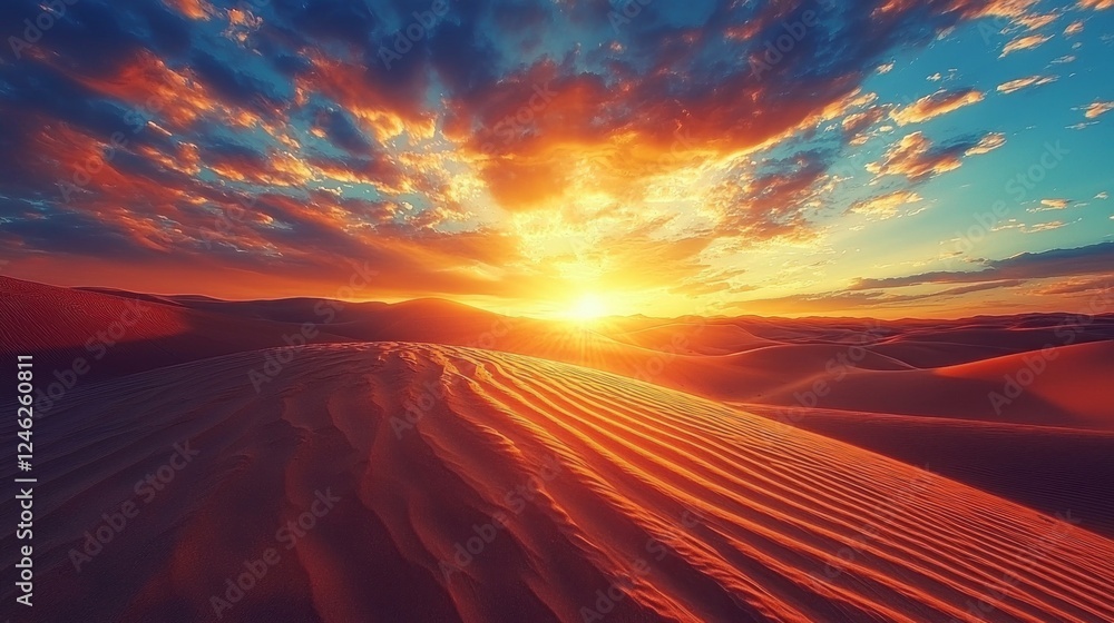 Poster captivating colors blend in the sky as the sun sets beyond rolling sand dunes. the warm light casts 