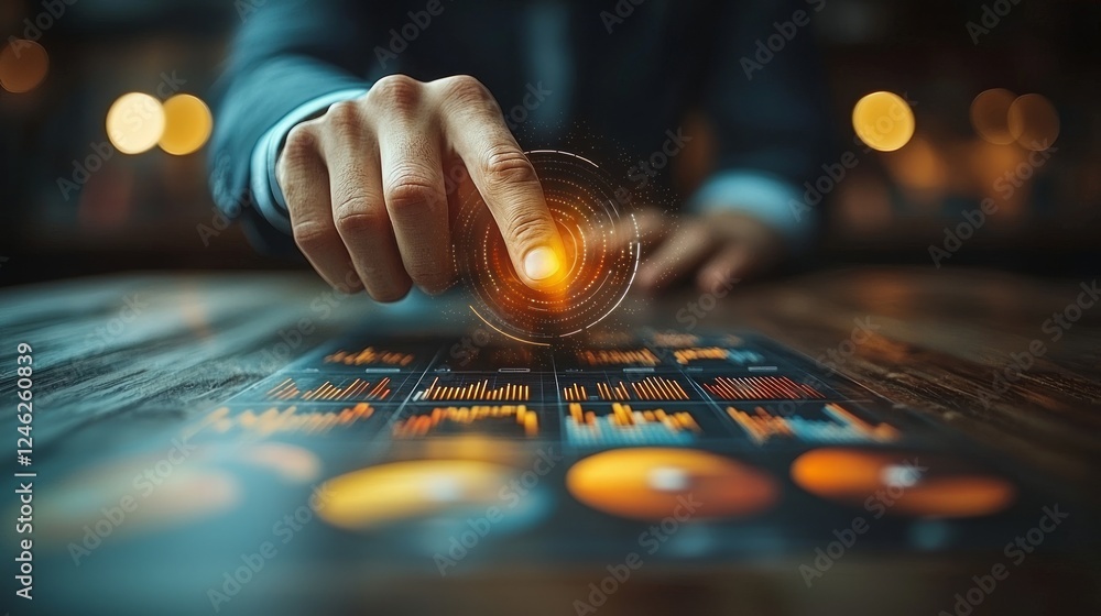 Poster businessman analyzing data on holographic display