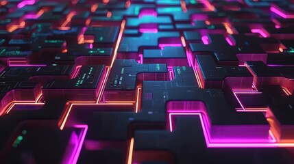 Obraz premium Abstract Cybernetic Cityscape with Glowing Neon Grid and Circuitry Details