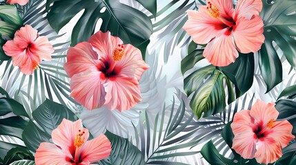Hibiscus flowers and palm leaves. Floral background.