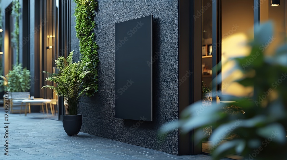 Aufkleber modern minimalist black rectangular mock-up panel displayed on a stylish building facade surrounded 