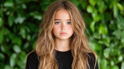 Naklejka premium Girl, long hair, green leaves, serious expression, portrait
