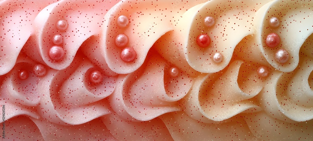 Poster a captivating abstract design featuring soft, undulating waves in shades of peach and cream, embelli