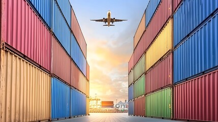 Fototapeta premium Bustling container terminal at sunset with warm golden light and an airplane flying low above the industrial skyline on the horizon