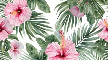 Hibiscus flowers and palm leaves. Floral background.