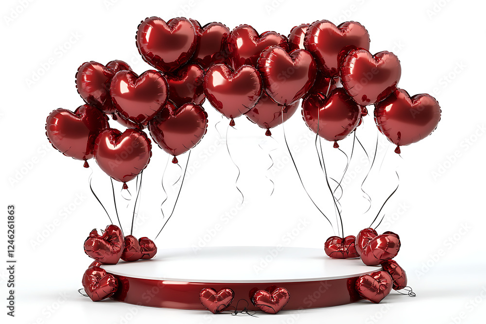 Poster a display of red heart-shaped balloons arranged over a circular platform.