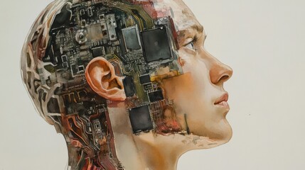 Technological Brain: Watercolor Illustration of AI Integrated with Circuit Boards