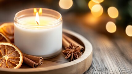 Lit candle with dried oranges, cinnamon sticks, and festive bokeh lights evokes warmth holiday cheer