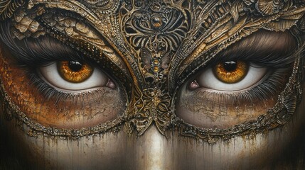 Intense eyes gaze through ornate, metallic mask.