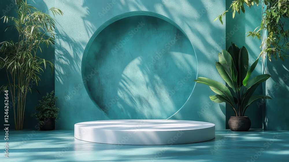 Poster minimalist white circle podium on light teal background with soft light rays and subtle leaf shadows