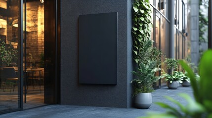 Blank Black Rectangular Mock-Up Panel Against a Modern Exterior Wall Surrounded by Greenery and Urban Setting