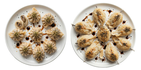 Luxurious dim sum platter with truffle dumplings and sesame buns on white plate top view







