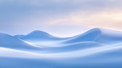 Gentle slopes of untouched snow blanket the landscape, reflecting the soft hues of twilight as the serenity of winter envelops the scene. Tranquility reigns over the pristine terrain