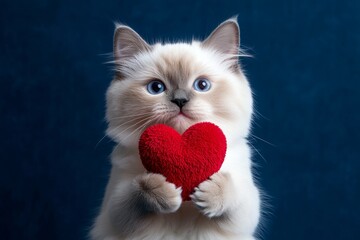 Birman - my preferred cat. Digital ads conceptual art. Cute birman baby feline cub with companion toy red heart - emblem of love, funny greeting card. Valentine's furry friend. Red heart cat.