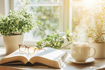 Relaxing With an Open Book, Steaming Tea, and Glasses on a Rustic Table as Sunlight Streams Through a Window