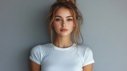 Obraz premium mock up t shi rt young woman in white t shirt on grey background studio shot