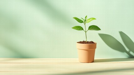 Obraz premium Minimalist green plant in ceramic pot on wood surface