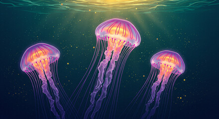 Fototapeta premium Three bioluminescent jellyfish